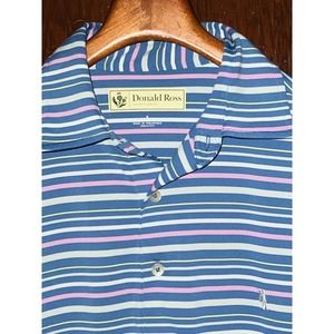 DONALD ROSS BLUE PINK WHITE STRIPED PERFORMANCE GOLF POLO SHIRT SIZE S